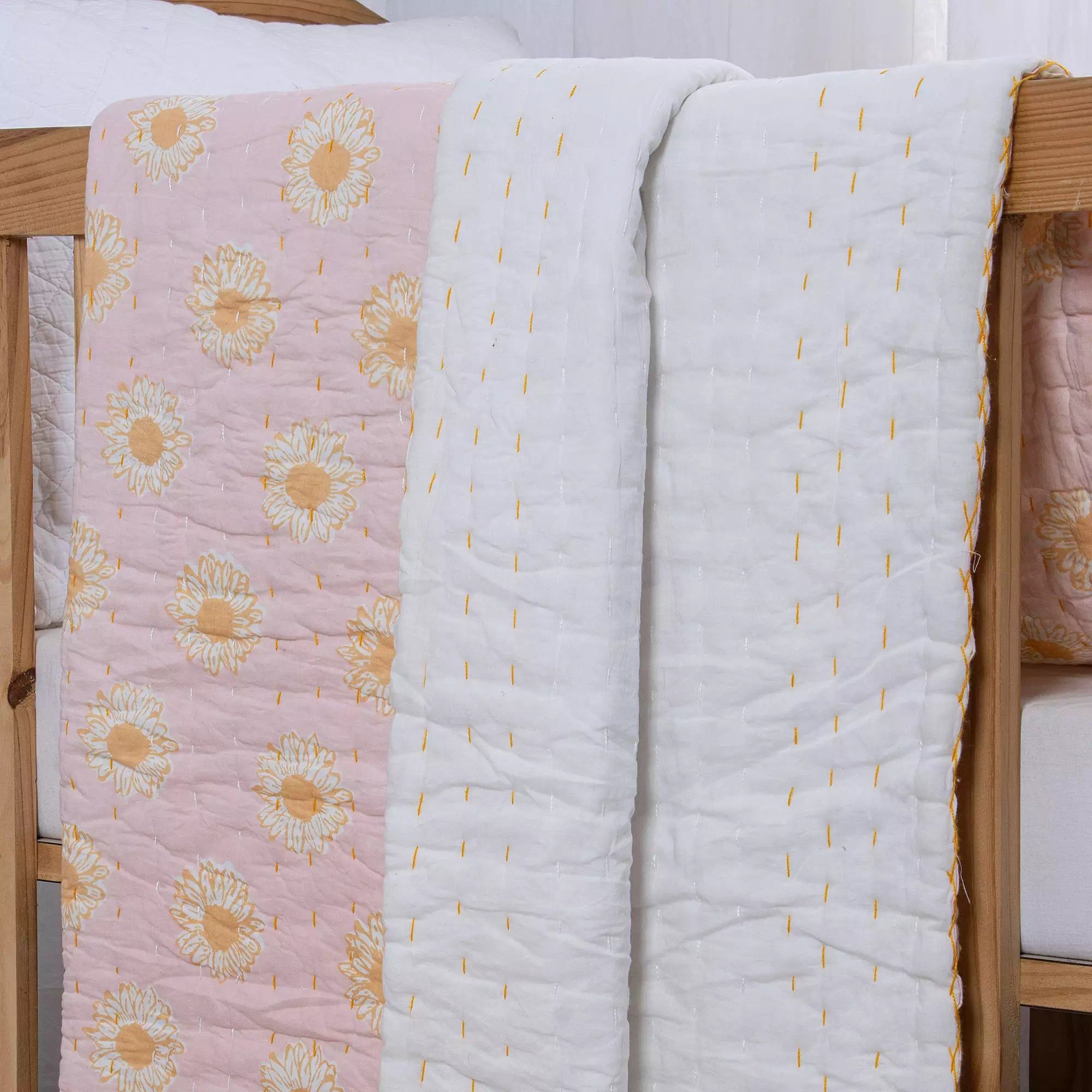 Natural Floral Cotton Hand Block Print Kantha Baby Quilt 089